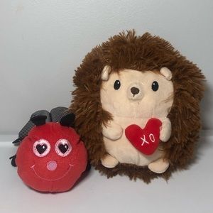 Valentines Day Plush Set, 2 Small Stuffed Animal Love Bug, Hedgehog, Hearts, Red